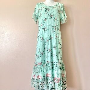 SweetSalt Mint Green & Pink Embroidered Floral Tulle/Mesh Dress.